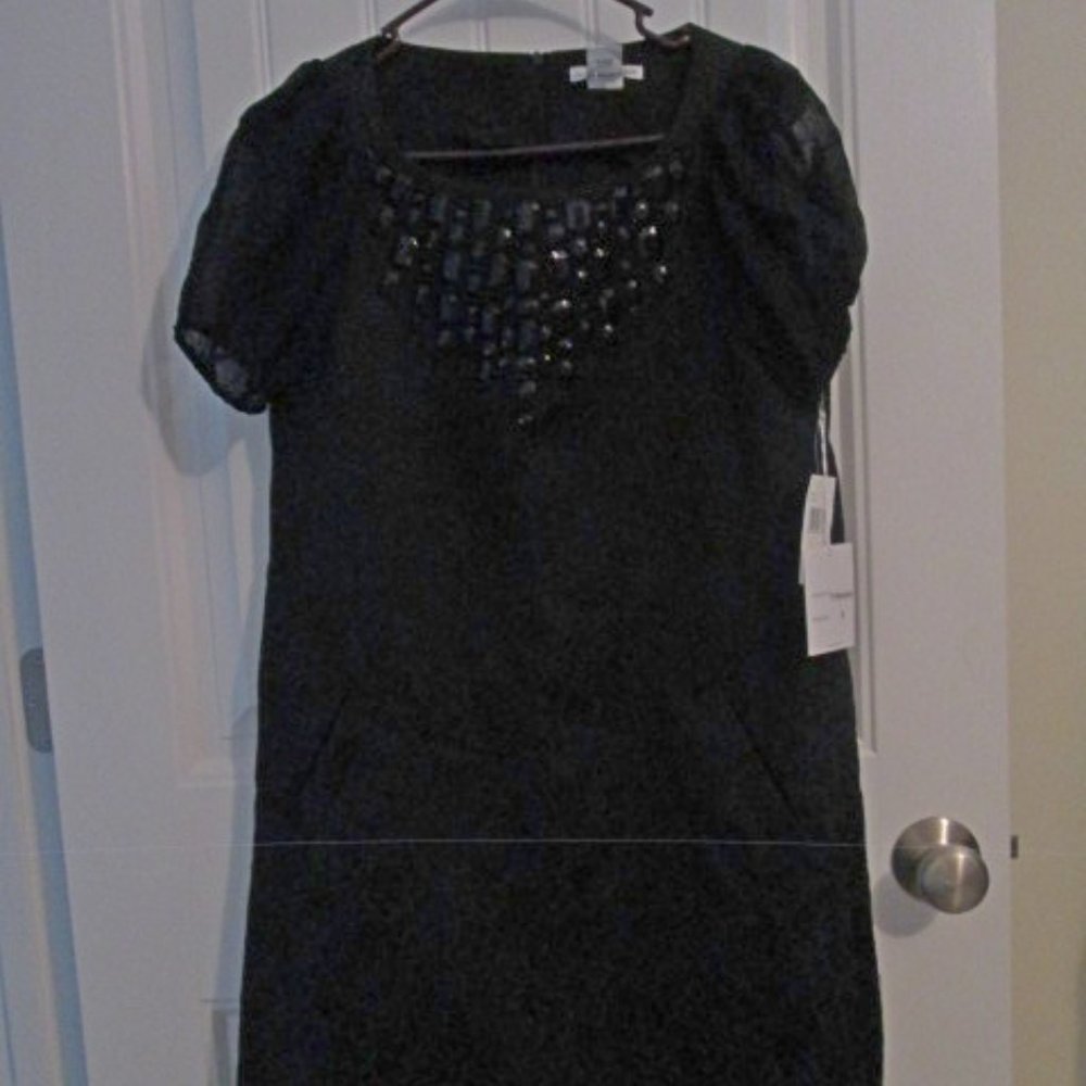 KENSIE $118 Black Textured w/Black Accents Sheer Sleeves Dress size Small NWT